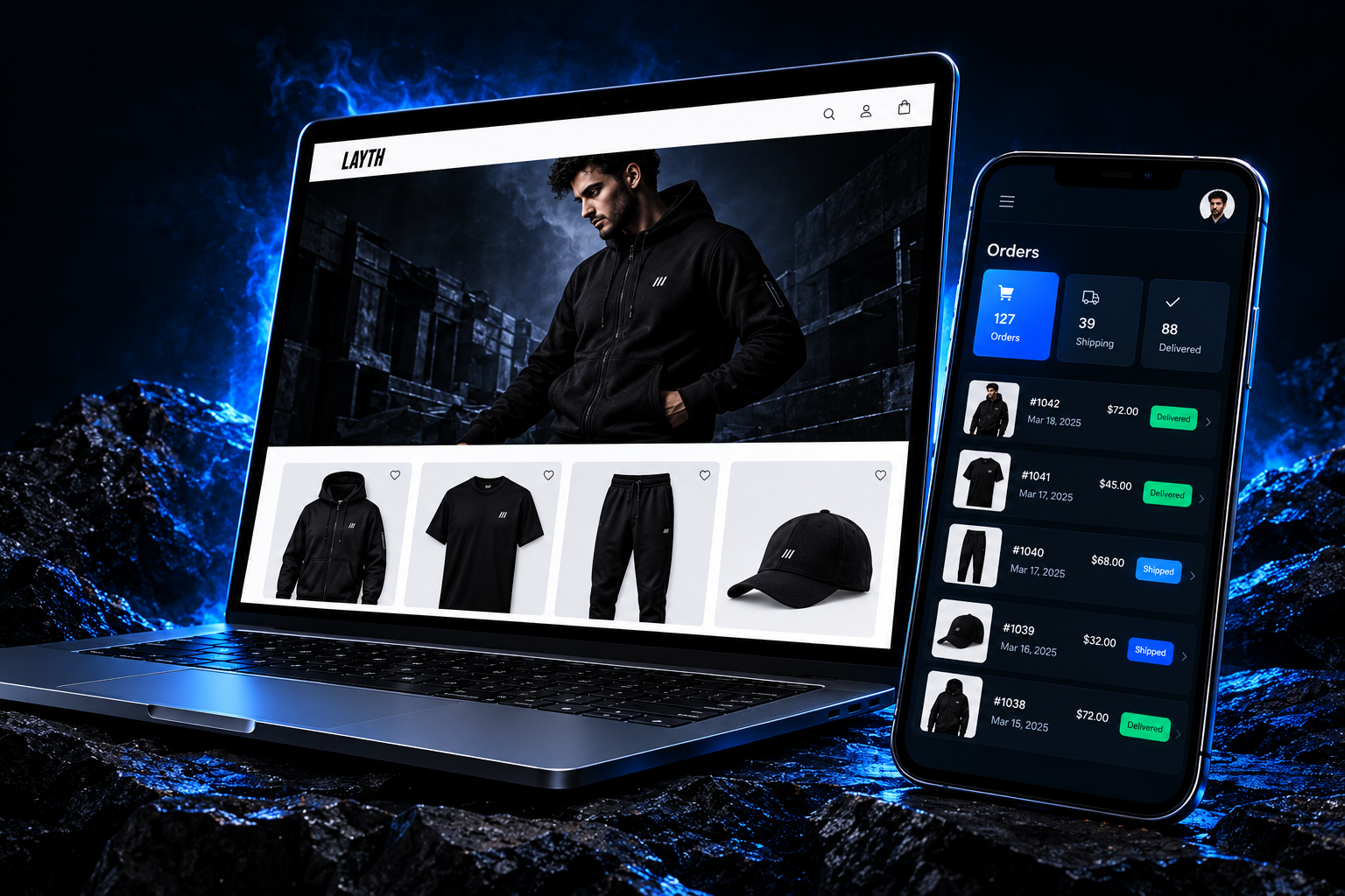 LAYTH ecommerce storefront on a laptop and a mobile order management dashboard